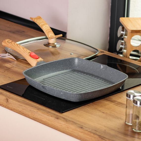 Алюмінієва сковорода-гриль 28 см зі скляною кришкою Квадрат сірий MGC HP-4-462G | Зображення 7