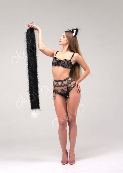 Анальный меховой хвост без пробки, Черный с белым кончиком, OKOVA 100 см. sexstyle | Зображення 2