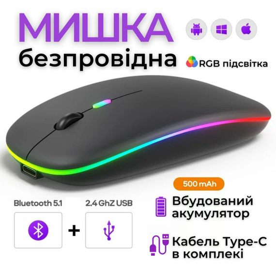 Бездротова акумуляторна мишка з RGB-підсвіткою, роздільна здатність 1600DP, Bluetooth 5.2 і WiFi 2.4 GHz | Зображення 1