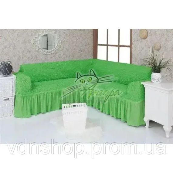 Зеленый Турецкая накидка на угловой диван с оборкой, натяжной чехол на диван | Зображення 1