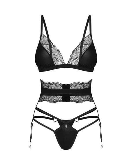 Комплект Obsessive Lobellis 3-pcs set, XS/S, чорний, ліф з м’якою чашкою, стрінги, пояс для панчіх | Зображення 2
