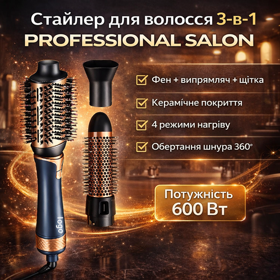Професійний стайлер для волосся 3-в-1 New Professional Salon — фен-щітка, випрямляч і укладання | 600 W | 4 режими нагрівання