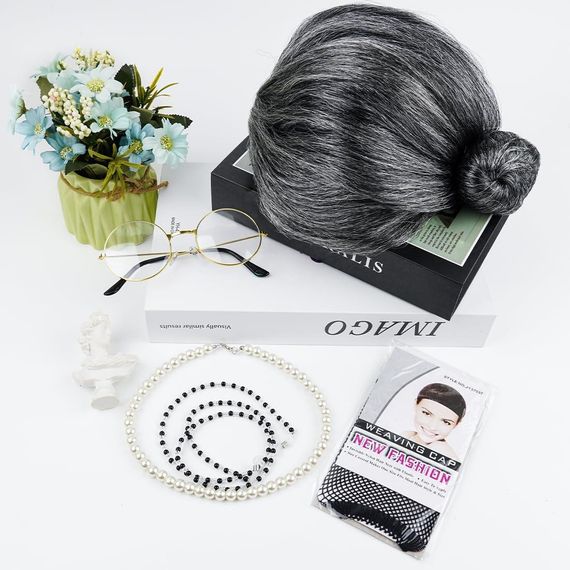 Парик седая бабушка с гулькой комплект для образа на Хэллоуин карнавал корпоратив косплей старая леди с очками | Зображення 4