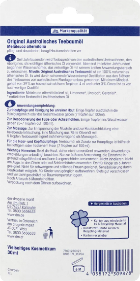 Mivolis Олія чайного дерева 100% натуральна — антисептична ефірна олія для шкіри, волосся та нігтів, від грибка й подразнень | Зображення 2
