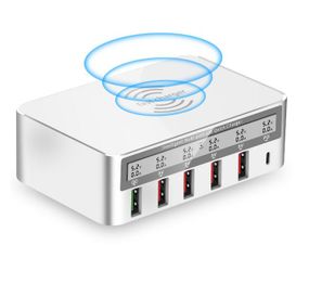 Зарядное устройство WLX-818PF 100W 1xUSB QC3.0 / 4xUSB / 1xPD Type-C / беспроводная зарядка Qi 10W - White