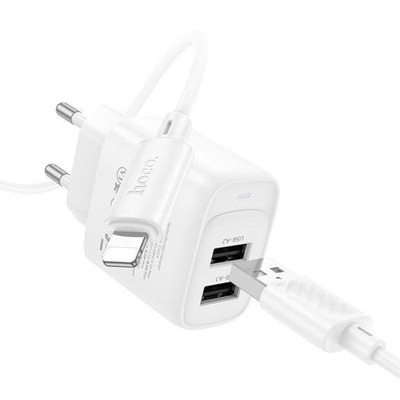 СЗУ Hoco C141A Smart 2.1A (2USB-A) + кабель USB to Lightning White | Зображення 3