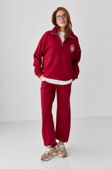 Вільний спортивний костюм зі світшотом на блискавці та прямими штанами - темно-червоний цвет, ONE SIZE (є розміри)