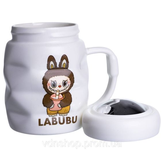 Чашка фарфоровая с крышкой Labubu 400 (мл) подарочная кружка прикольная чашка для детей на подарок Белый с темно-коричневым FM-54C | Зображення 2