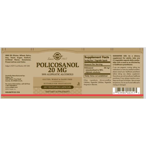 Комплекс для профилактики давления и кровообращения Solgar Policosanol 20 mg 100 Veg Caps | Зображення 1