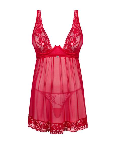 Прозора Сорочка бебі-дол Obsessive Lacelove babydoll & thong XS/S Red, мереживо, стрінги sexstyle | Зображення 2
