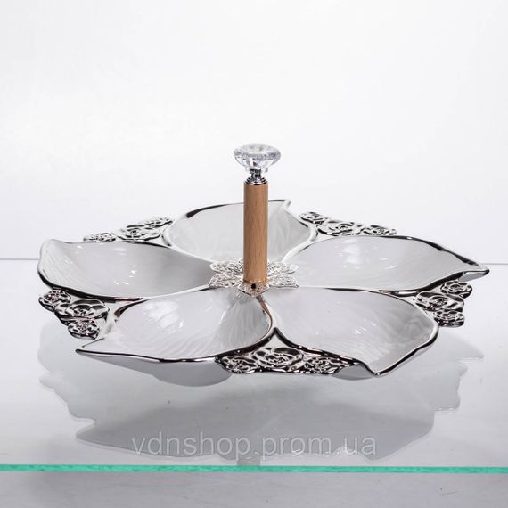 Менажниця порцелянова на 5 секцій для закусок тарілка менажниця 30×30×13 (см) Білий з сріблом 918-44S | Зображення 1