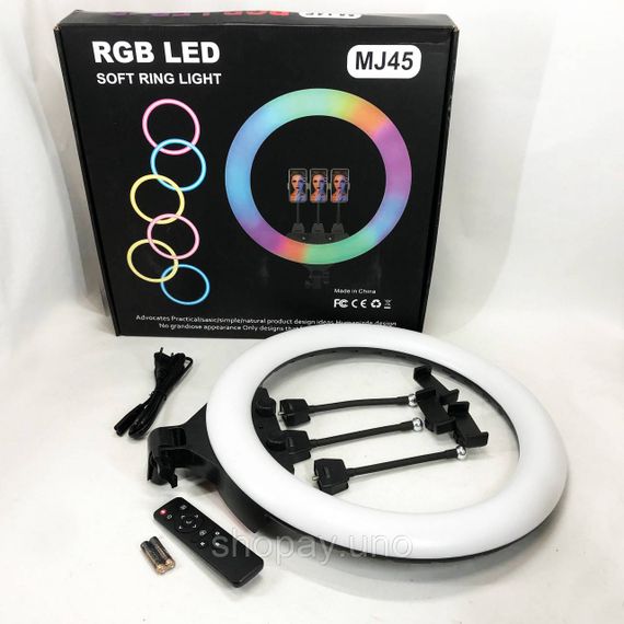 Кольцевая LED лампа RGB MJ45, 45 см, 5500 лм, 3 держателя, пульт, адаптер, 6500K | Зображення 3