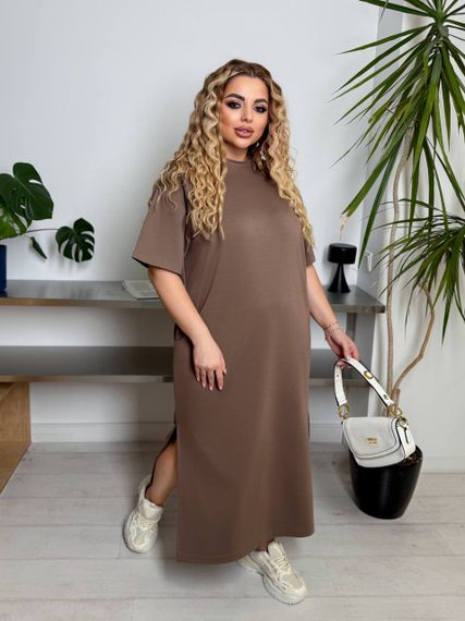 Женское платье-футболка длинное с коротким рукавом, больших и батальных размеров IS870, цвет мокко, размер 50/52 | Зображення 3