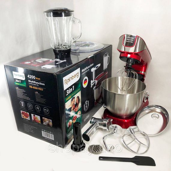 Кухонный комбайн Rainberg RB‐8080 - 4200Вт, чаша 5 л, тестомес, мясорубка, блендер 1.5 л, 6 скоростей, турбо‐режим | Зображення 3