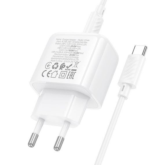 СЗУ Hoco CS54A Surplus PD20W+QC3.0 (1USB-A/1C) + кабель Type-C to Type-C White | Зображення 6