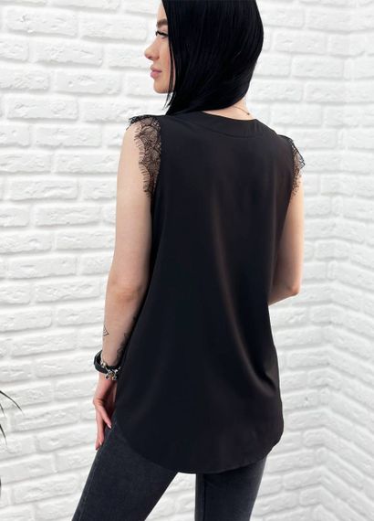 Женская легкая летняя удлиненная блуза с кружевом GF04171 цвет черный, размер 46 | Зображення 2