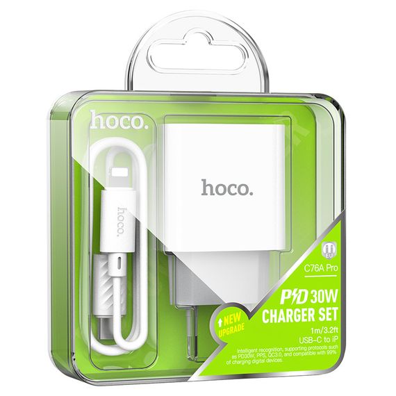 Набір СЗУ 110-240V HOCO C76A Pro+ Lighting кабель, USB-C, PD30W, кабель 1м | Зображення 1