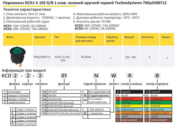 Перемикач KCD1-5-102 G/B 1 кнопка зелена кругла Ny95500712 | Зображення 1