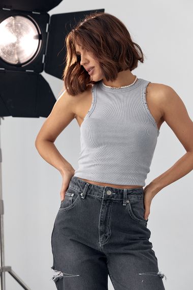 Женская майка в рубчик с рваным декором - серый цвет, XS (есть размеры) | Зображення 5