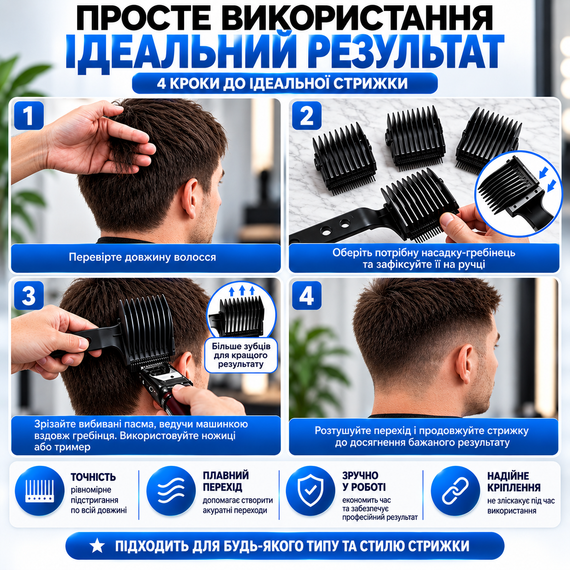 Професійний набір гребінців 4-в-1 Blend Friend для фейду та тушування волосся (чорний). Знімний перукарський гребінець-насадка | Зображення 14