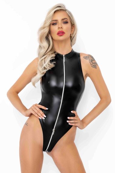 Боди под кожу с молнией Noir Handmade F294 Powerwetlook bodysuit with front zipper Черное 3XL