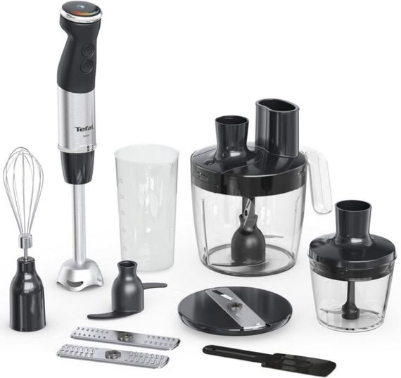 Блендер Tefal  заглибний Quickchef+, 1000Вт, 4в1, чаша-800мл, чопер-500мл, кухонний комбайн 5в1, турборежим, сіро-чорний (HB67G830)