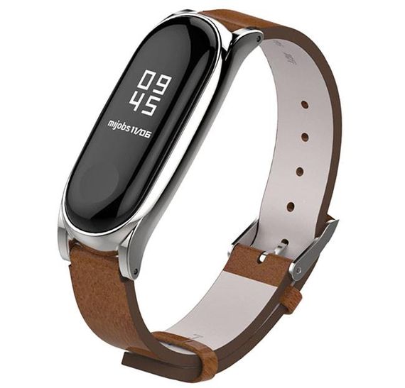 Кожаный ремешок Primo Mijobs для фитнес-браслета Xiaomi Mi Band 3 - Silver&Brown | Зображення 1