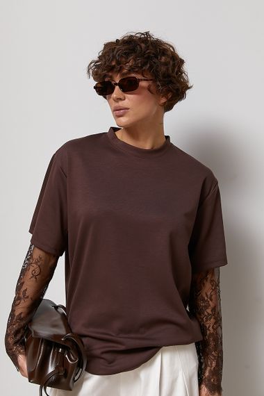 Трикотажний лонгслів з мереживними вставками на рукавах - коричневий цвет, S (є розміри)