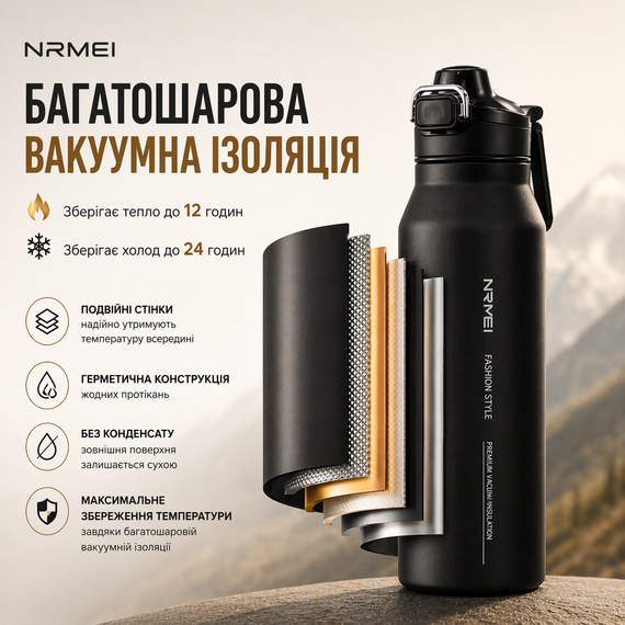 Спортивна термопляшка NRMEI 1500 мл (чорна) — Вакуумна термопляшка з нержавіючої сталі Fashion Style для тренувань | Зображення 1