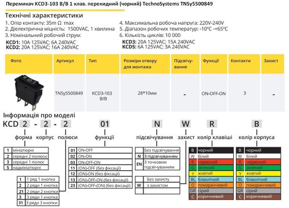 Перемикач KCD3-103 B/B 1 клавіша чорна перекидний Ny95500849 | Зображення 1