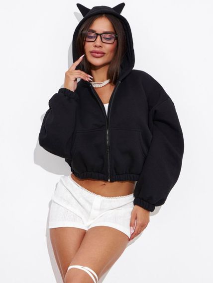 Женское теплое укороченное худи на флисе с рожками LU607, черный, размер 46/48 | Зображення 4