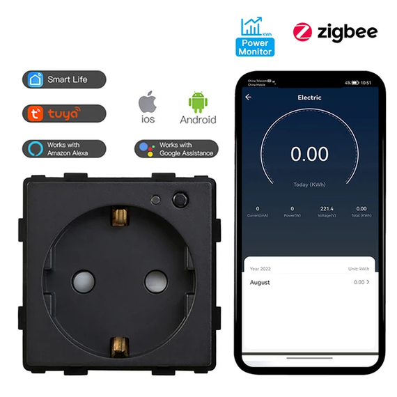 Розумна розетка BSEED Zigbee, розетка для монітора потужності сумісність Tuya Smart Life Чорний (sv3731bl)