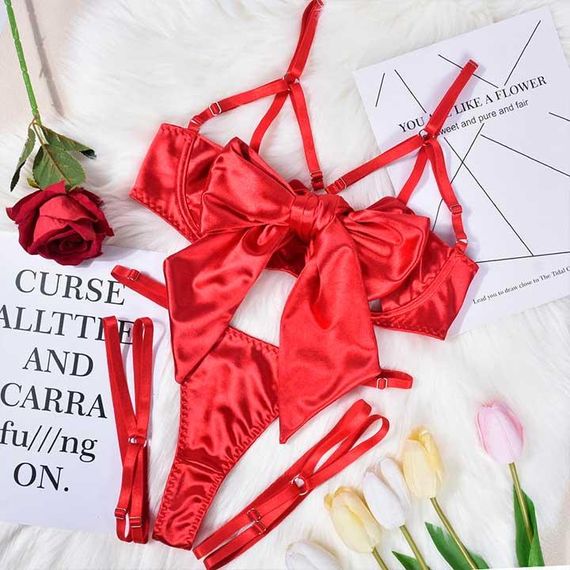 Гарний комплект із бантом і гартерами S-M-L червоний — Еротична білизна | Зображення 3