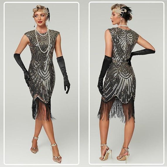 Сукня Гетсбі 20-х коктейльна з паєтками бахромою, пов’язкою прикрасами перчатками, жіночій ретро образ флаппер Чарльстон Хелловін | Зображення 1