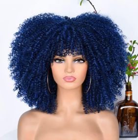 Перука синя кучерява жіноча коротка термостійка, синтетичне волосся, Афрокучері 14” для зміни образу, Хелловіну