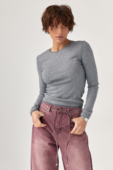 Однотонний лонгслів із сітчастою окантовкою - сірий цвет, L (є розміри) | Зображення 4