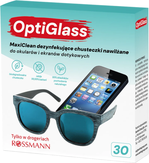 OPTI GLASS MaxiClean Вологі дезінфікуючі серветки для окулярів та сенсорних екранів 30 шт