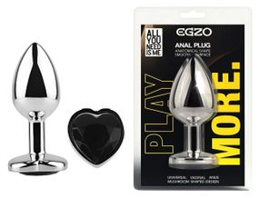 Анальная пробка EGZO Silver Heart Plug Black M, металлическая анатомическая с кристаллом Sex Aura