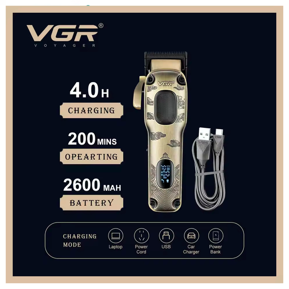 Аккумуляторная машинка для стрижки VGR V-027, 8 насадок, 7000 RPM, 2600 mAh, LED дисплей | Зображення 7