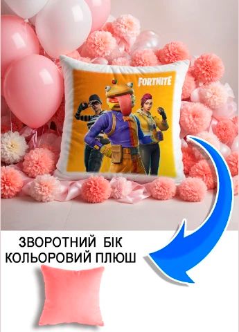 Подушка плюшева Мерч Крафт Дизайн з принтом Fortnite рожевий плюш квадратна 33х33 см
