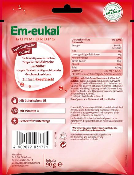 Em-eukal Gummidrops Wildkirsche & Salbei – Жувальні цукерки з вітаміном С, вишнею та шавлією, 90 г., Німеччина | Зображення 1