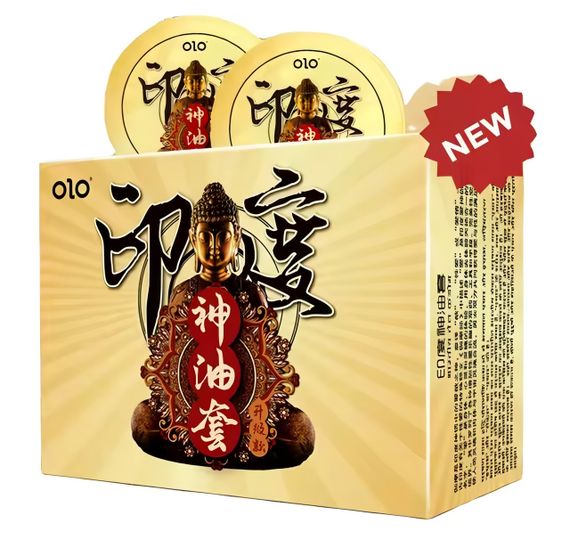 Ультратонкі презервативи з гіалуроновою кислотою, пролонгуючим ефектом та точковою текстурою OLO - GOLD Indian god oil, 10 шт