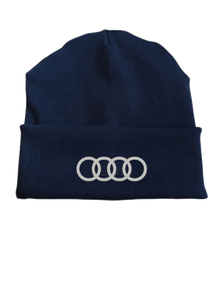 Трикотажна Шапка чоловіча демісезонна ауді Audi в рубчик (кашкорсе), двошарова з вишивкою темно-синя