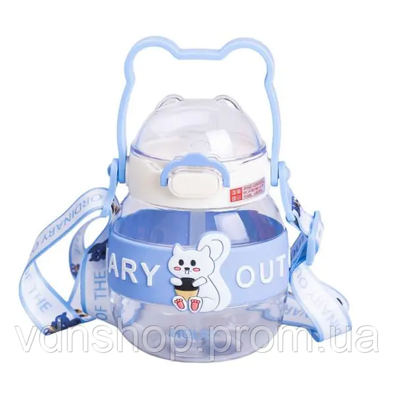 Пляшка для води дитяча з трубочкою 580 мл з ручкою та ремінцем 15 см Синя HP-14-37BL