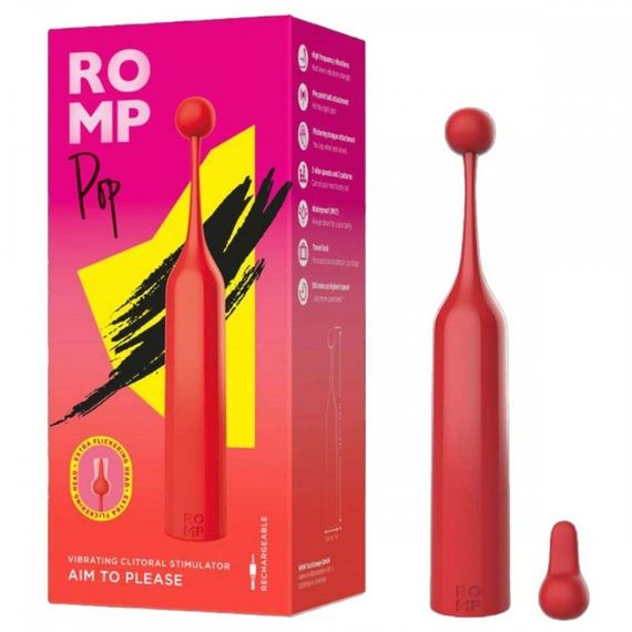 Вібратор для клітора з двома насадками Romp Pop, червоний, 14.3 х 2.4 см Sex Aura