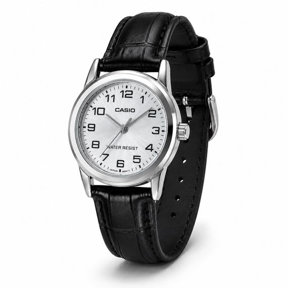 Жіночий годинник Casio LTP-V001L-7B з шкіряним ремінцем та сріблястим циферблатом