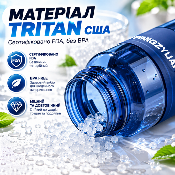 Спортивная бутылка KANGZYUAN 1000 мл - синяя Tritan BPA-free, ударопрочная бутылка для воды с фильтром и ремешком | Зображення 3