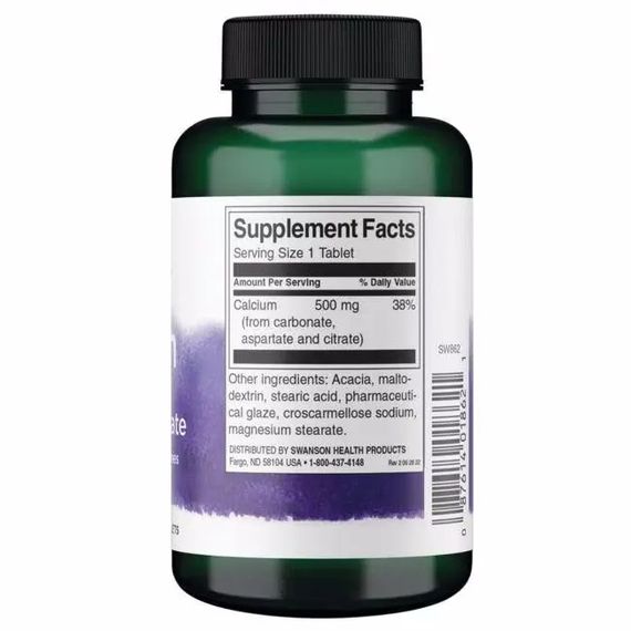 Кальций Swanson Calcium 500 mg (Carbonate, Aspartat &amp; Citrate), 100 таблеток | Зображення 1