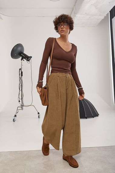 Лонгслів із мереживом у рубчик - коричневий цвет, M (є розміри) | Зображення 2