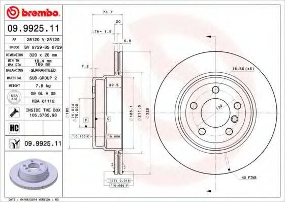 Диск гальмівний BMW X5, X6 задн., вент. (вир-во BREMBO) BREMBO 09992511 на BMW X5 (E70)